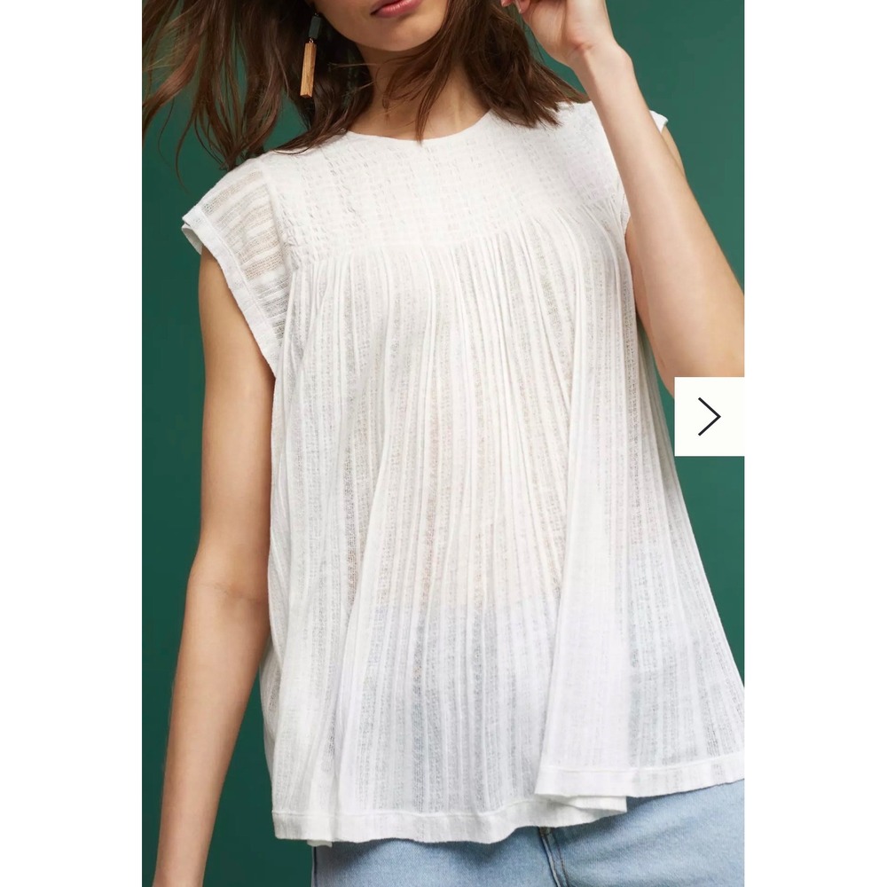 Akemi + Kin Anthropologie Blouse XL White Smocked  Model Gauze Shabby Babydoll